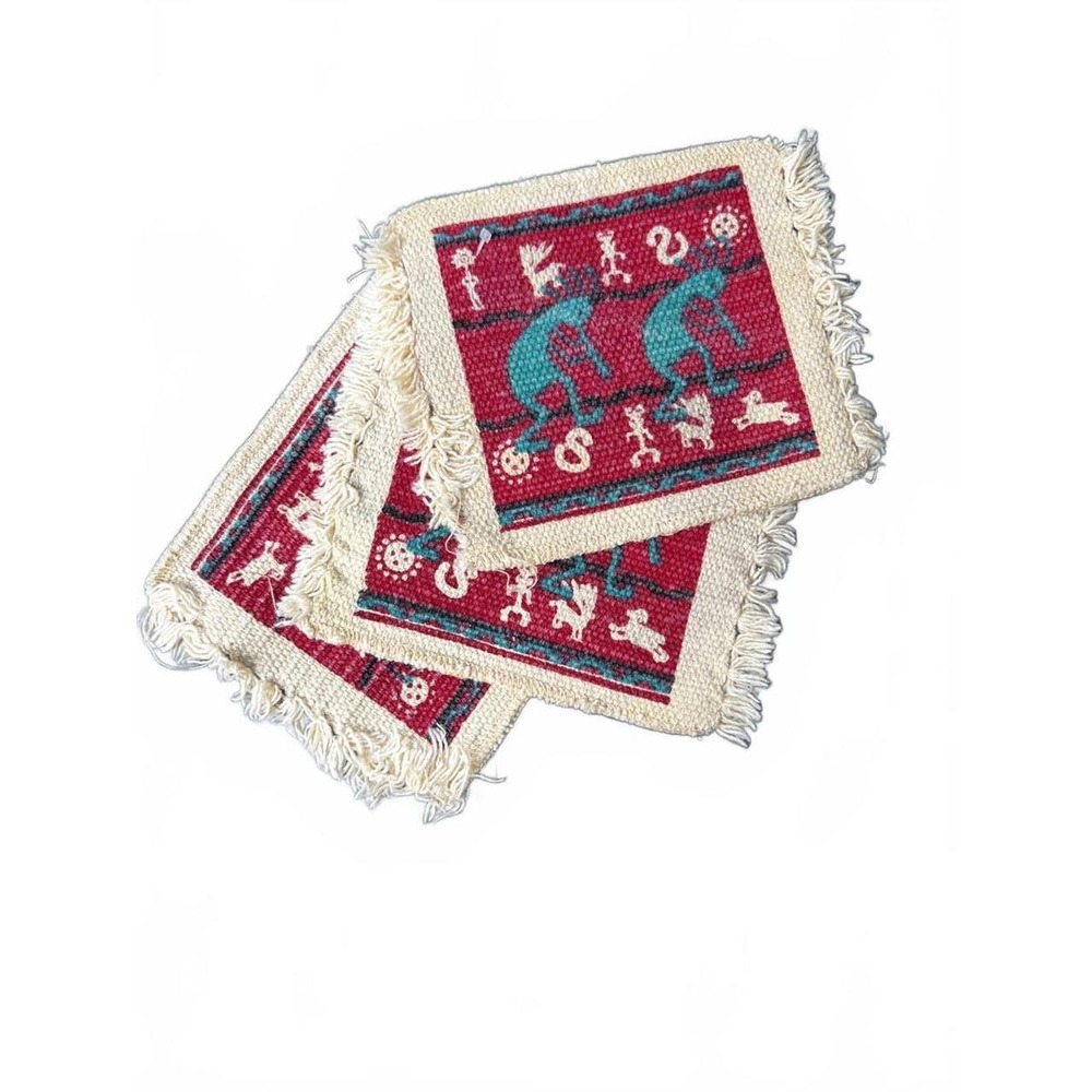 Vintage Coasters Red Teal Southwestern Kokopelli Saddle Blanket Set of 3 4x4in